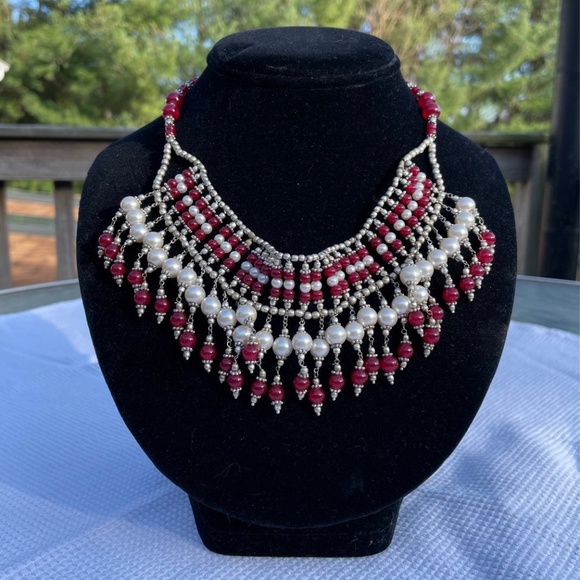 unknown Jewelry - Red, White and Silver Beaded Choker Necklace